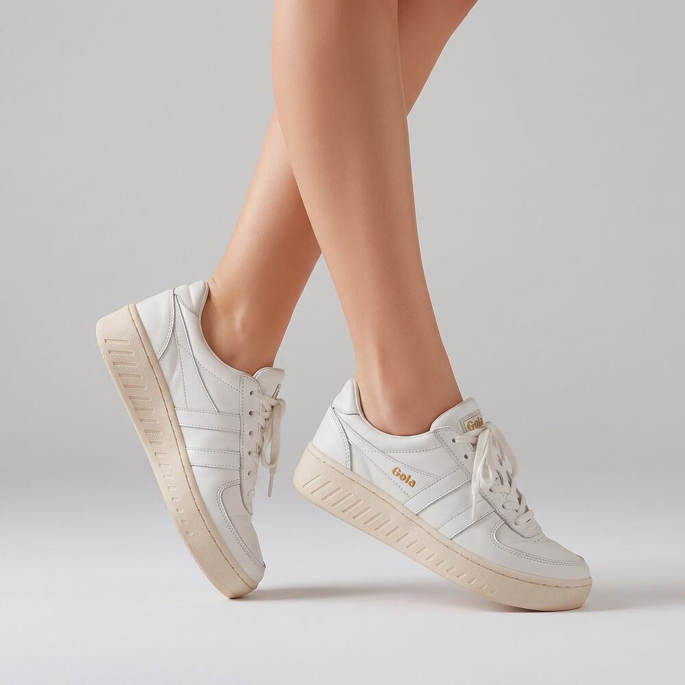 Gola Grandslam Leather Sneakers Womens 9 White Gold Classic Court Shoes